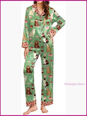 Small Satin Pajama Set Long Sleeve Button Down Lounge Sleepwear